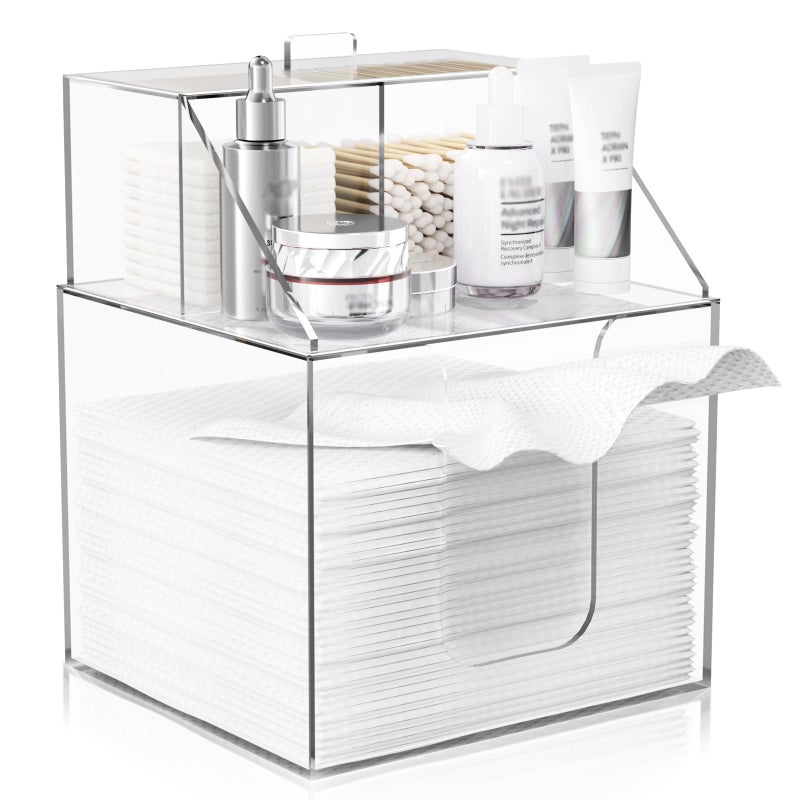 TAINESS Disposable Facial Towels Storage Box Compatible with Clean Skin Club Clean Towel XL  Cotton Pads  Swabs Upgraded Double Layer Acrylic Storage Container Face Towel Holder Glossy Clear